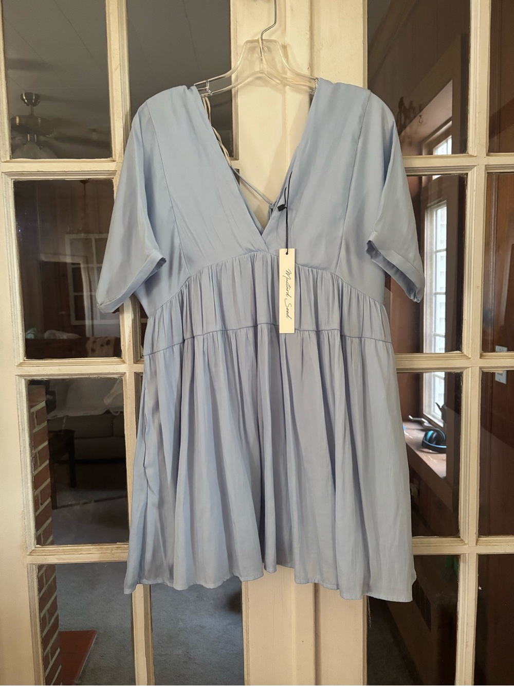 Mustard Seed Light Blue V-Neck Tiered Mini Dress